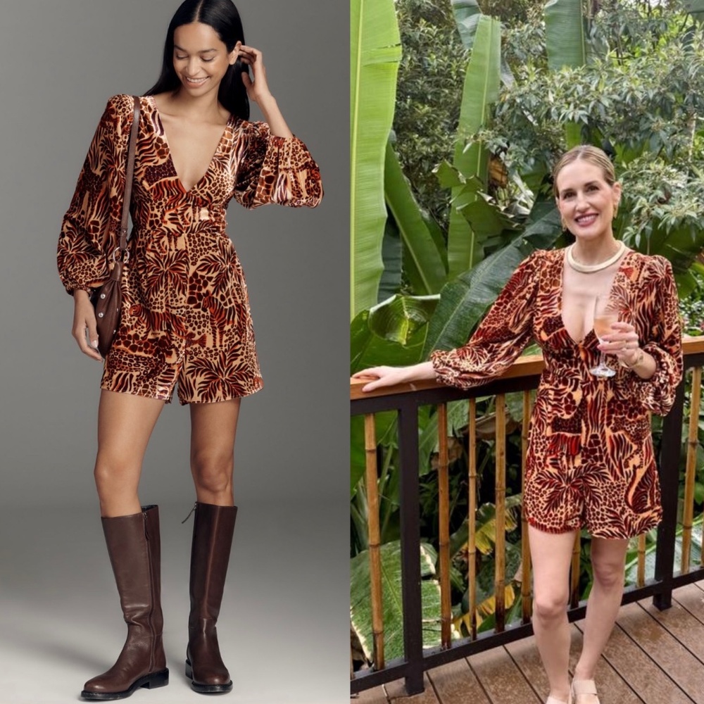 NEW Farm Rio x Anthropologie Velvet Long-Sleeve Printed Romper